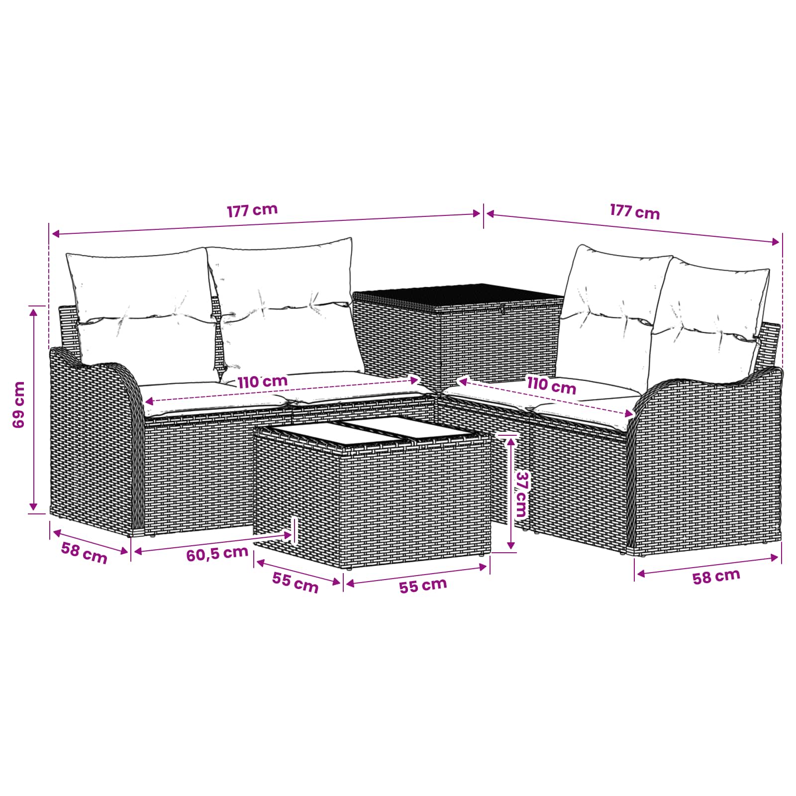 Sofa Set 6 stk. Beige und Cremeweiß Polyrattan und Stahl