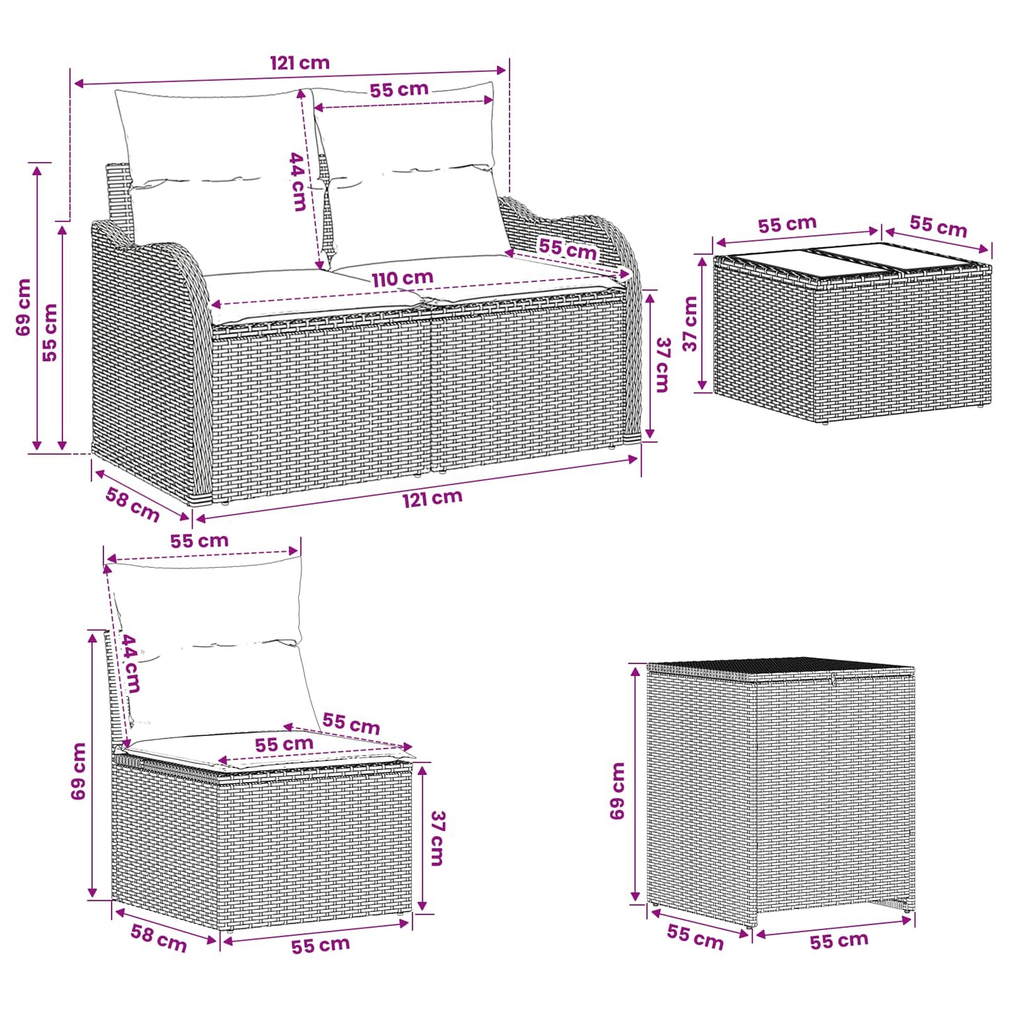 Sofa Set 6 stk. Beige und Cremeweiß Polyrattan und Stahl