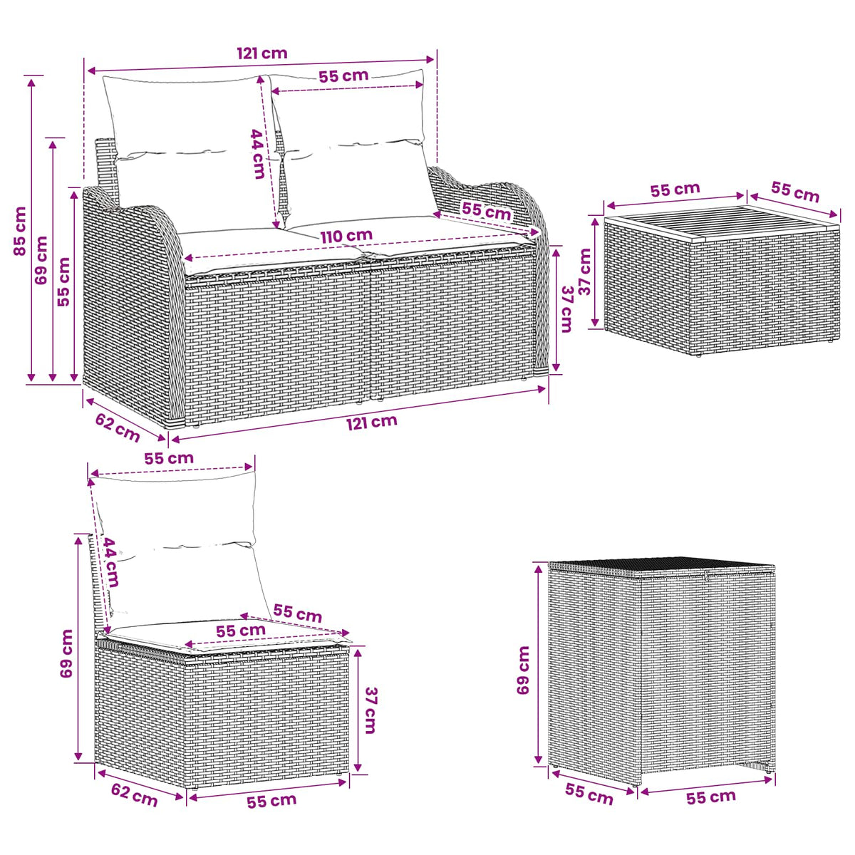 Sofa Set 6 stk. Beige und Cremeweiß 55 x 55 x 37 cm