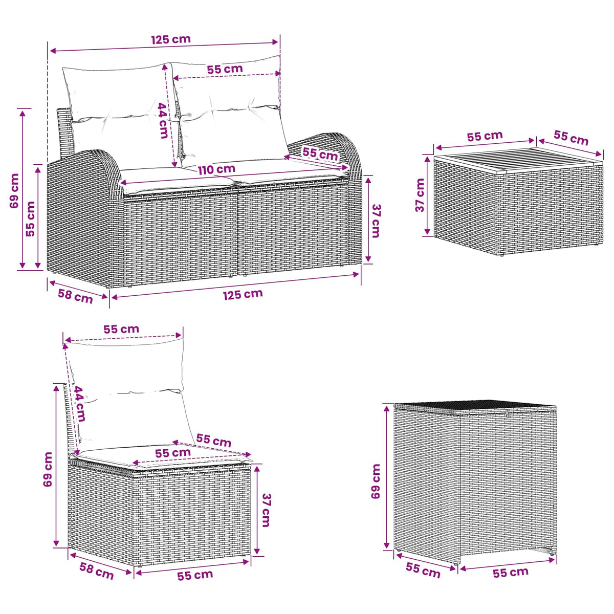 Sofa Set 6 stk. Schwarz Polyrattan und Stahl