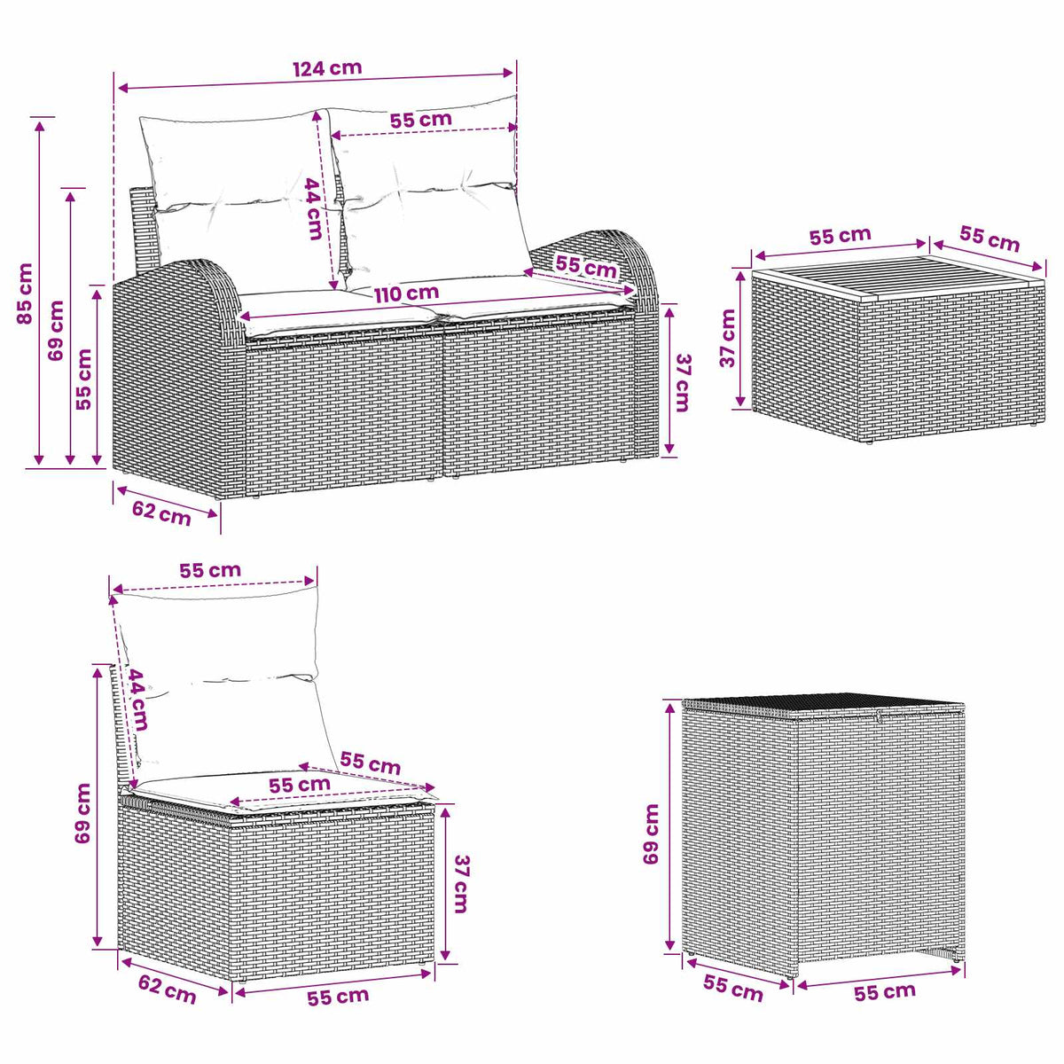 Sofa Set 6 stk. Schwarz 55 x 55 x 37 cm Polyrattan und Stahl