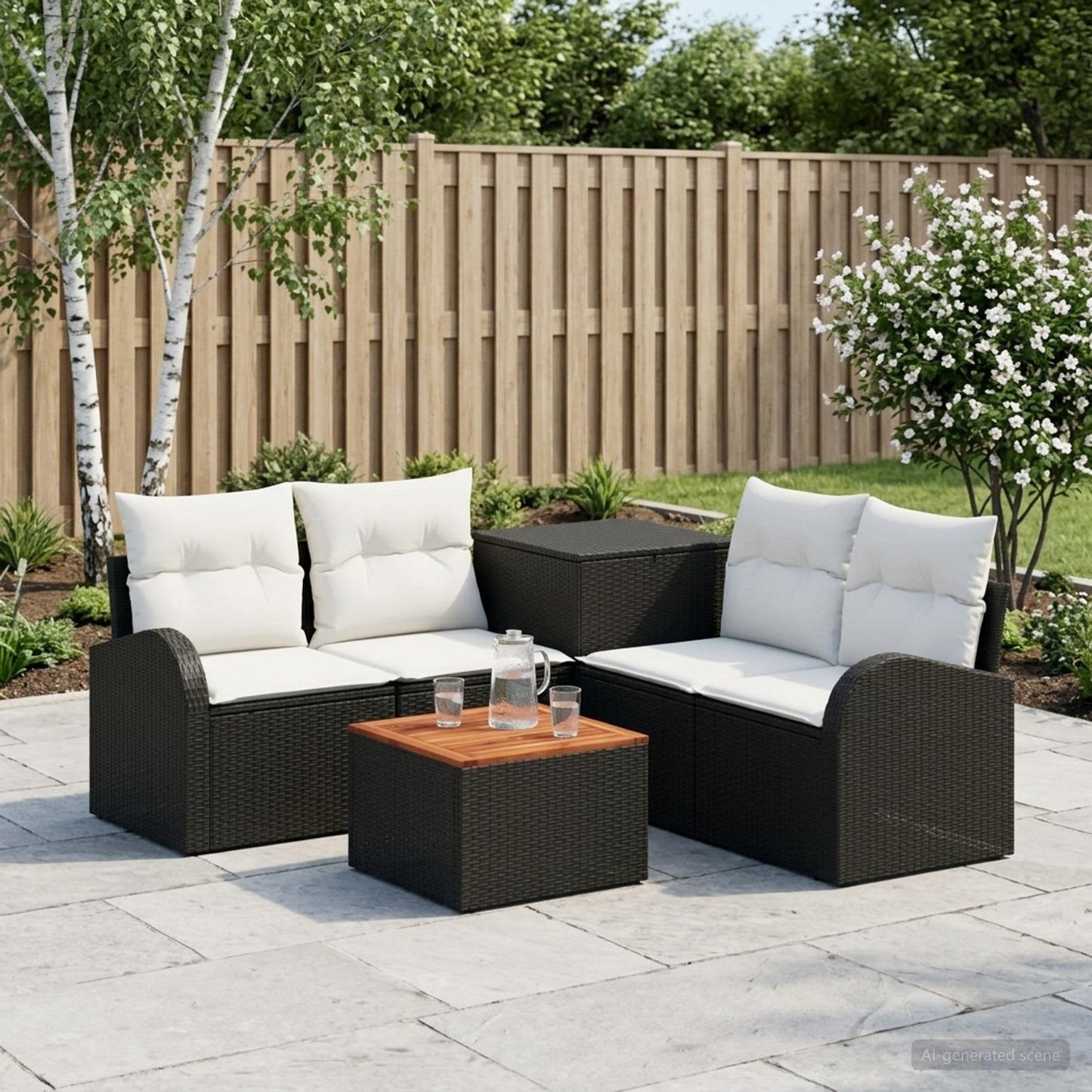 Sofa Set 6 stk. Schwarz und Cremeweiß Polyrattan und Stahl