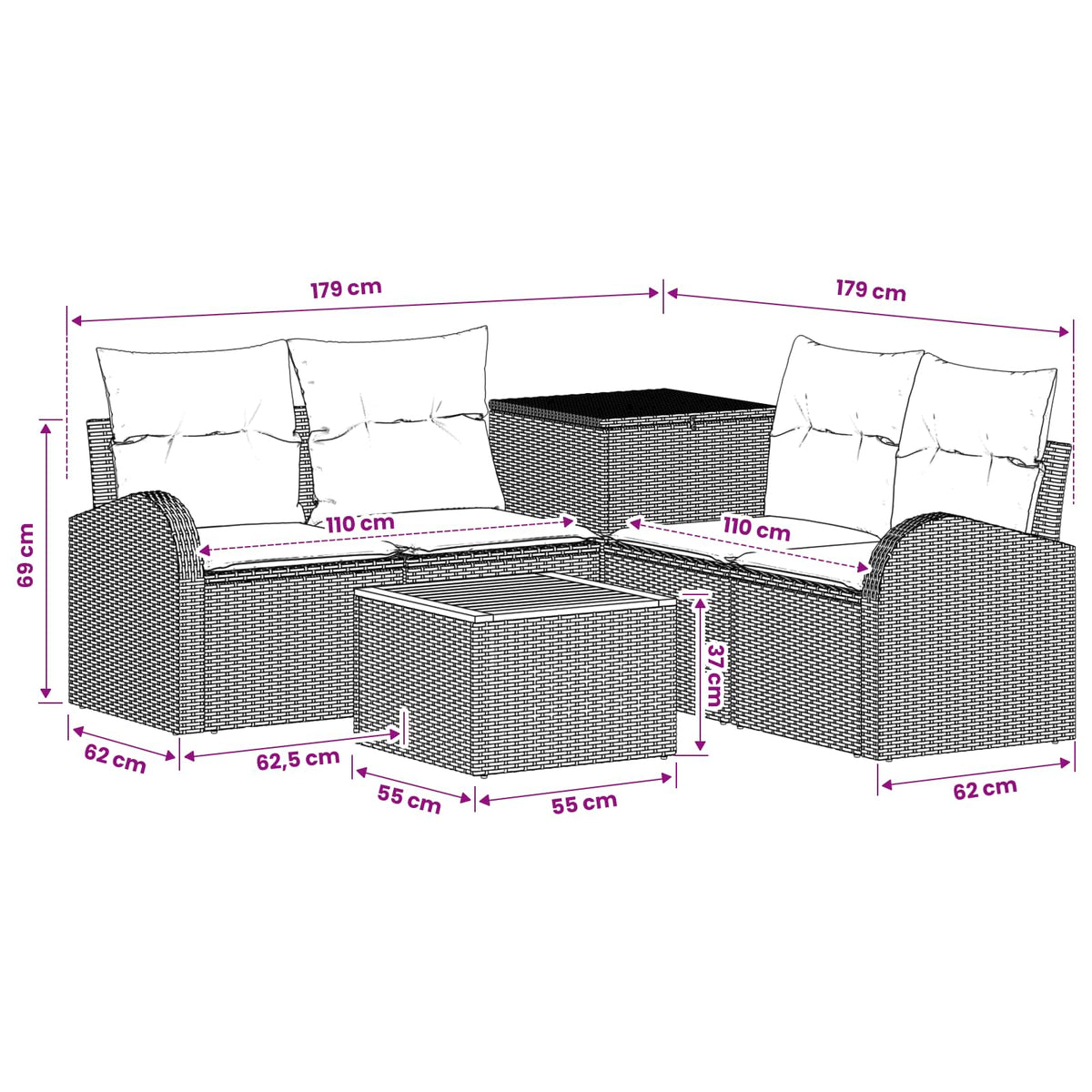 Sofa Set 6 stk. Schwarz 55 x 55 x 37 cm Polyrattan und Stahl