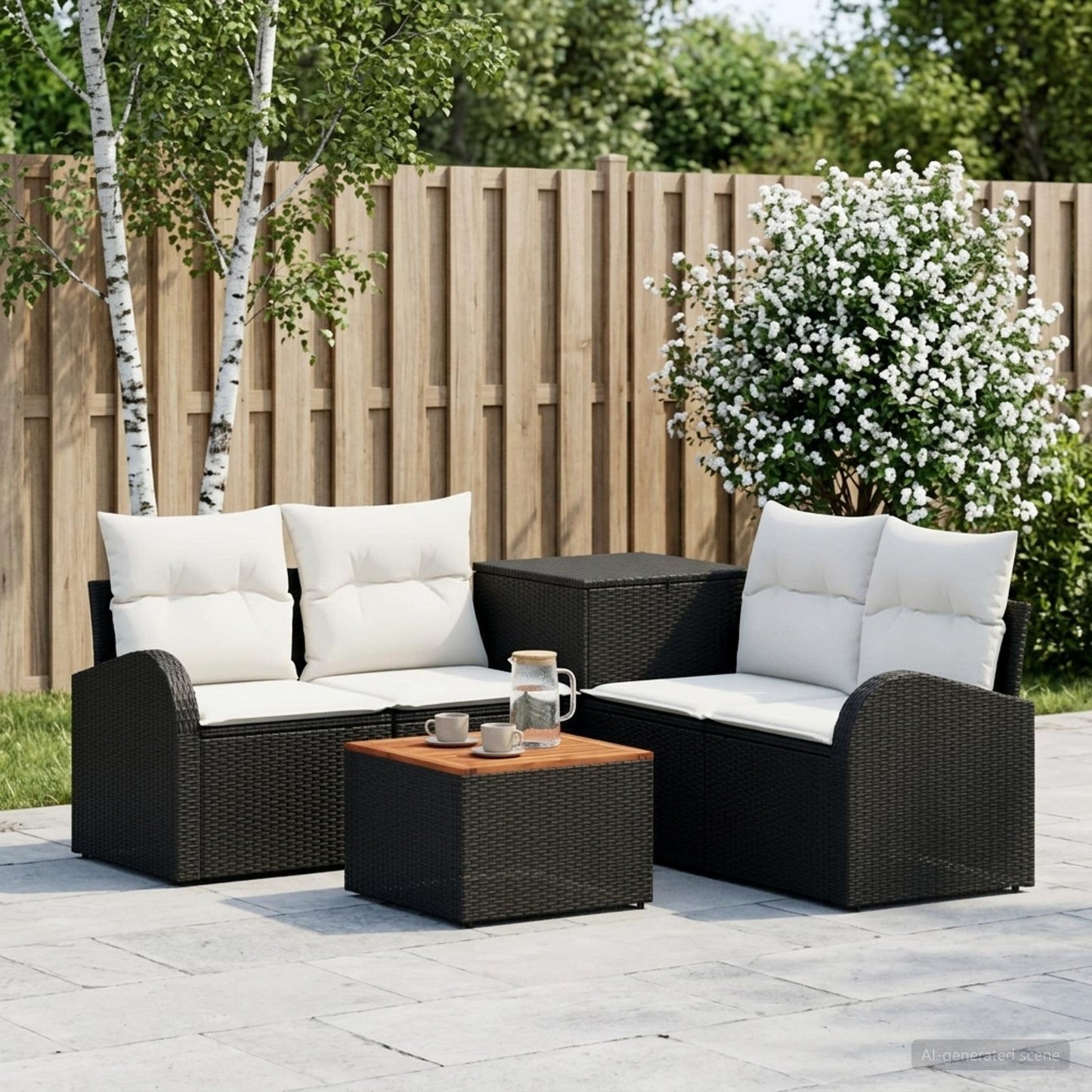 Sofa Set 6 stk. Schwarz und Cremeweiß Polyrattan und Stahl