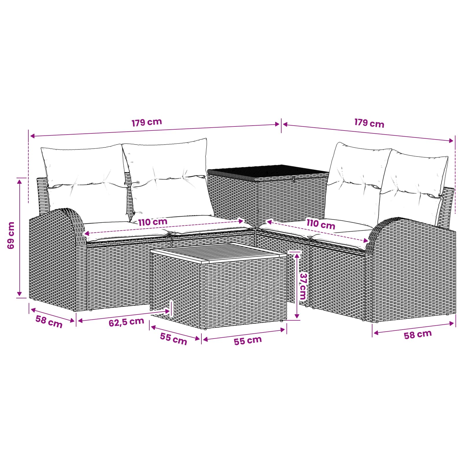 Sofa Set 6 stk. Schwarz und Cremeweiß Polyrattan und Stahl
