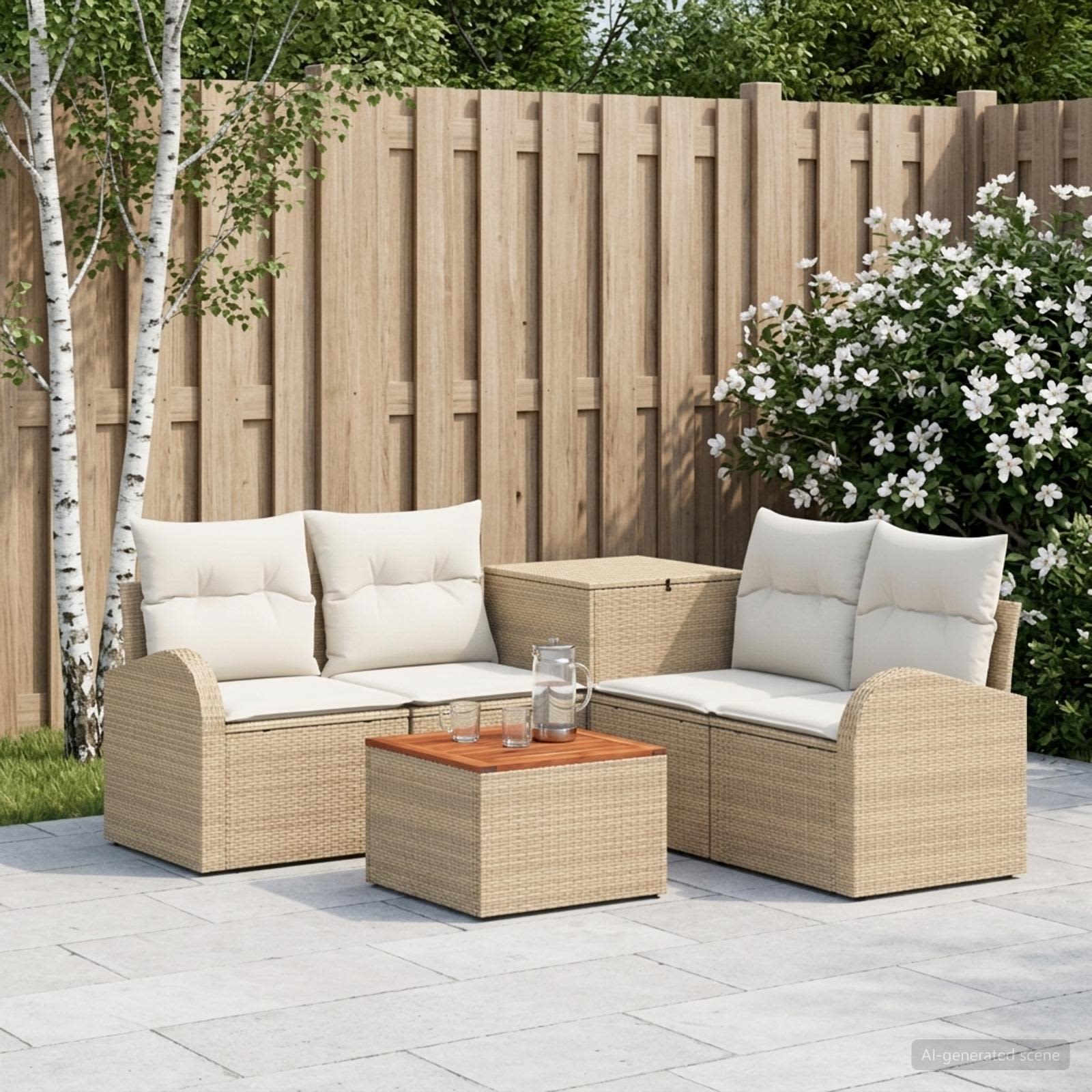 Sofa Set 6 stk. Beige und Cremeweiß Polyrattan und Stahl