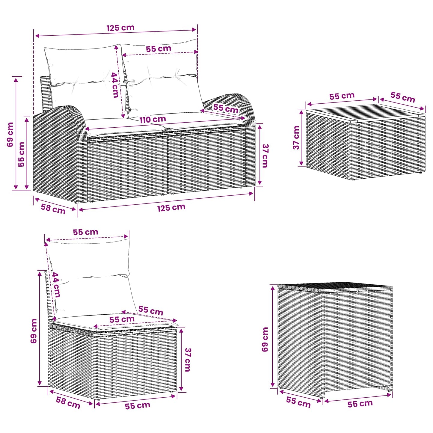 Sofa Set 6 stk. Beige und Cremeweiß Polyrattan und Stahl