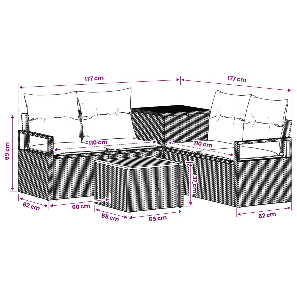 Sofa Set 6 stk. Schwarz 55 x 55 x 37 cm Polyrattan und Stahl