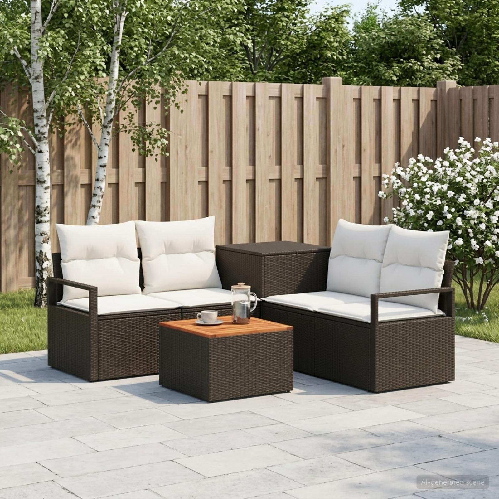 Sofa Set 6 stk. Schwarz und Cremeweiß Polyrattan und Stahl