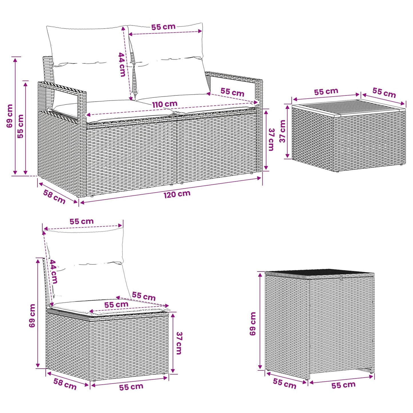 Sofa Set 6 stk. Schwarz und Cremeweiß Polyrattan und Stahl