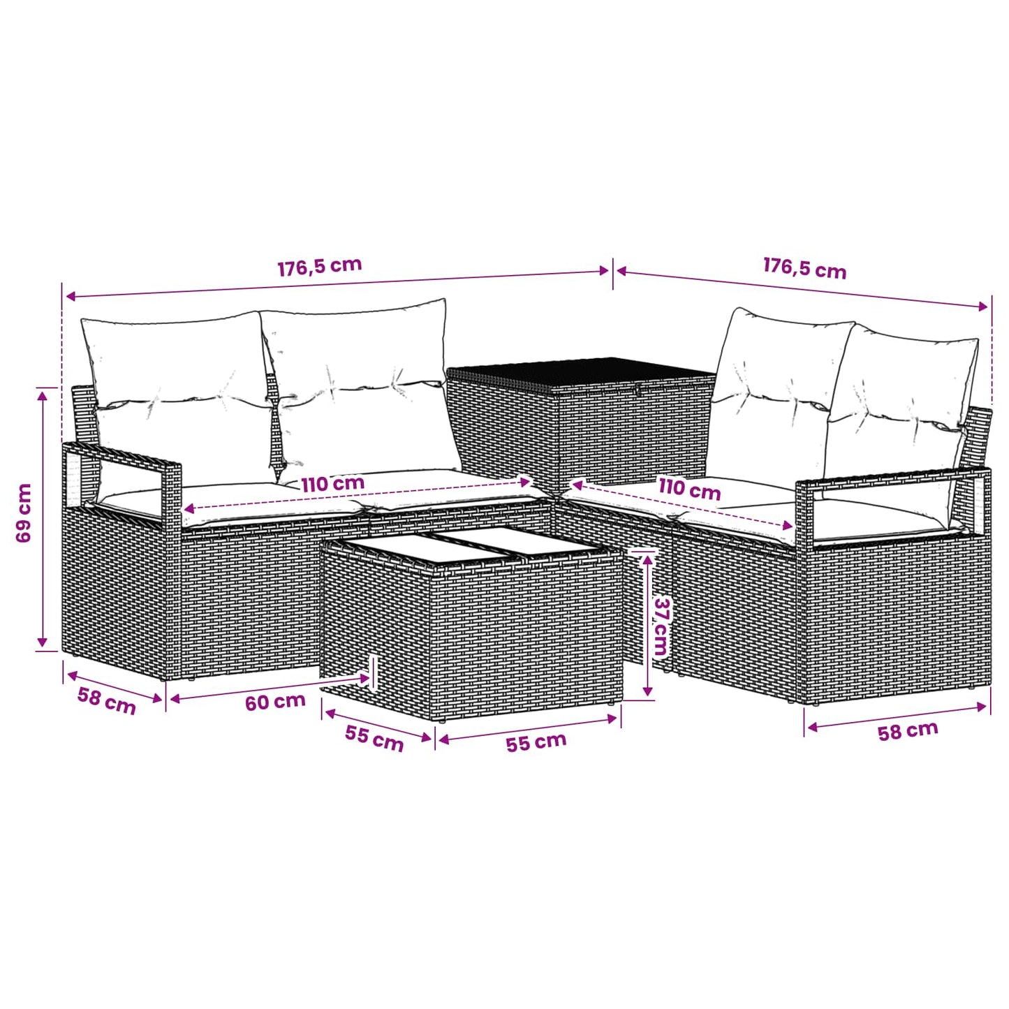 Sofa Set 6 stk. Grau und Dunkelgrau Polyrattan und Stahl