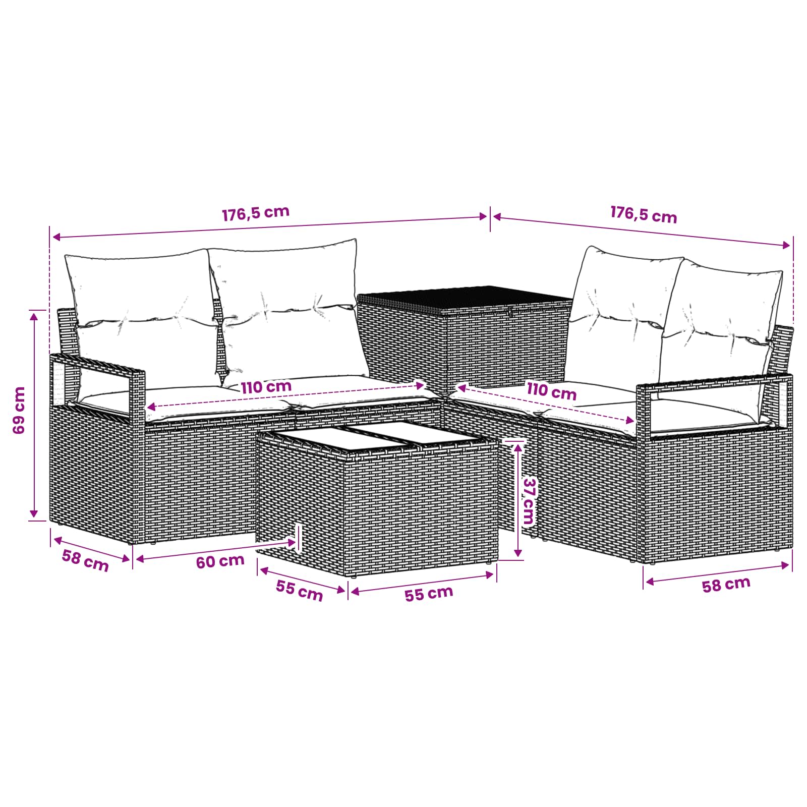 Sofa Set 6 stk. Grau und Dunkelgrau Polyrattan und Stahl
