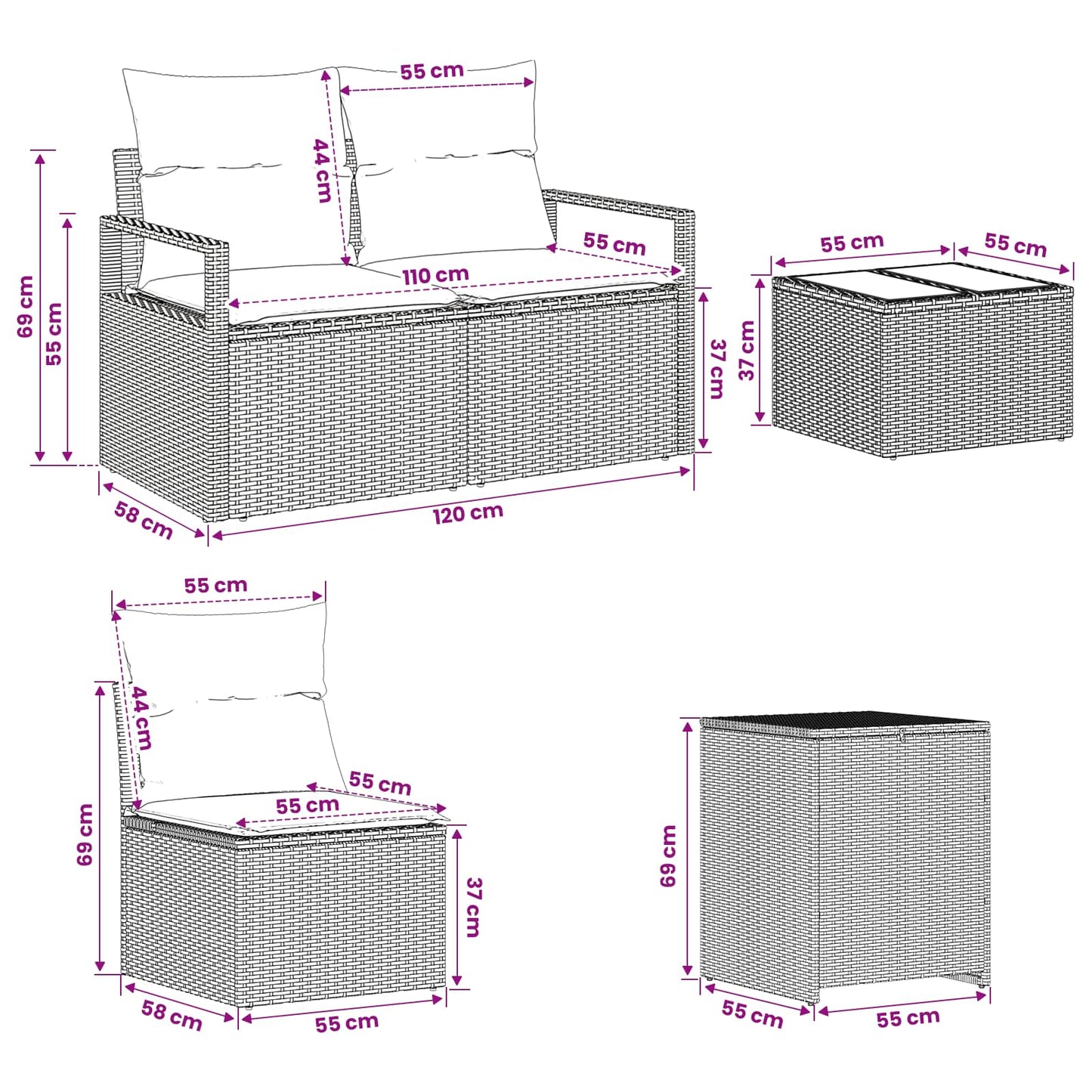 Sofa Set 6 stk. Grau und Dunkelgrau Polyrattan und Stahl