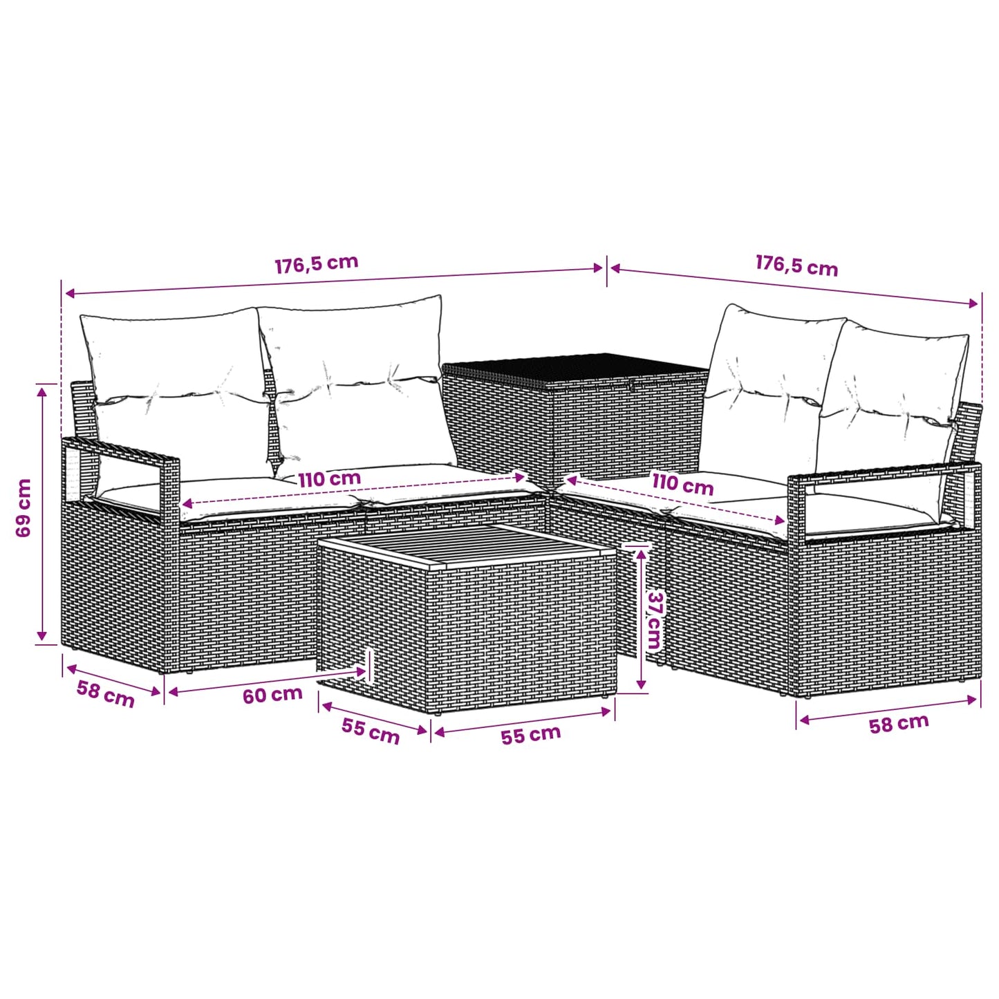 Sofa Set 6 stk. Grau und Dunkelgrau Polyrattan und Stahl