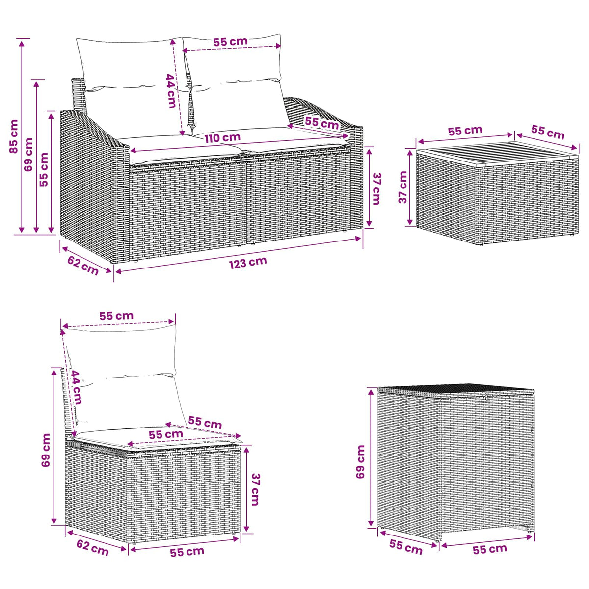 Sofa Set 6 stk. Schwarz 55 x 55 x 37 cm Polyrattan und Stahl
