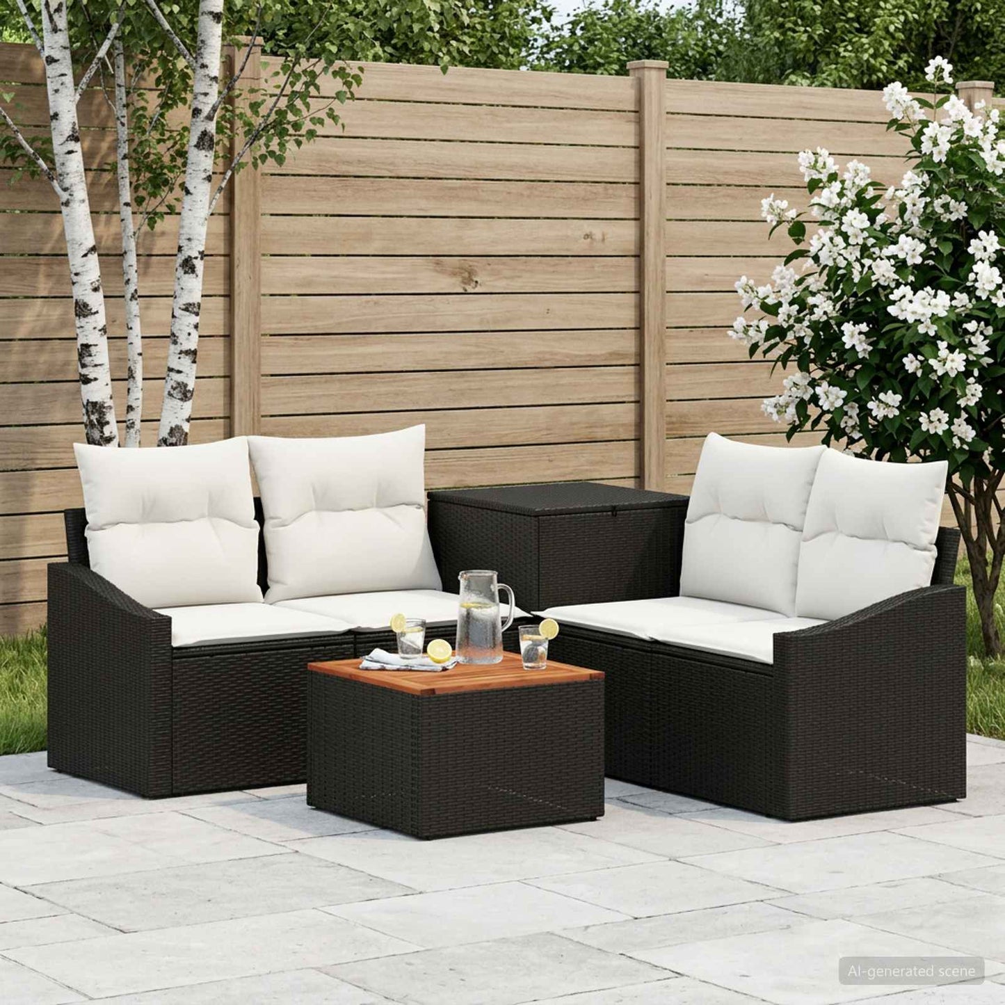 Sofa Set 6 stk. Schwarz und Cremeweiß Polyrattan und Stahl