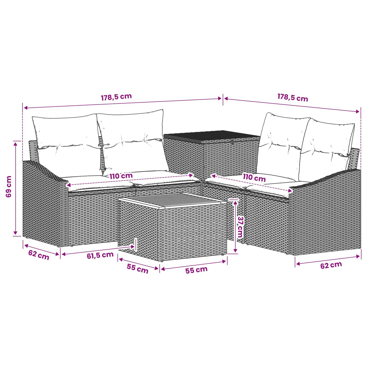 Sofa Set 6 stk. Beige und Cremeweiß 55 x 55 x 37 cm