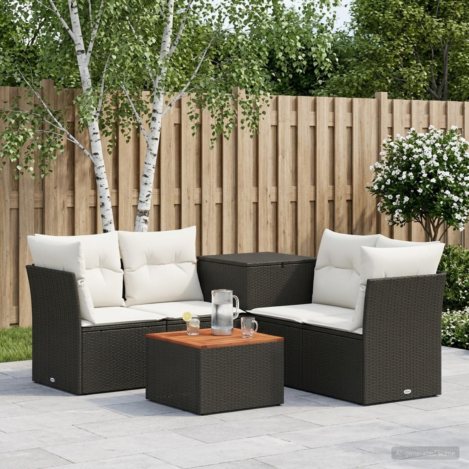 Sofa Set 6 stk. Schwarz und Cremeweiß Polyrattan und Stahl