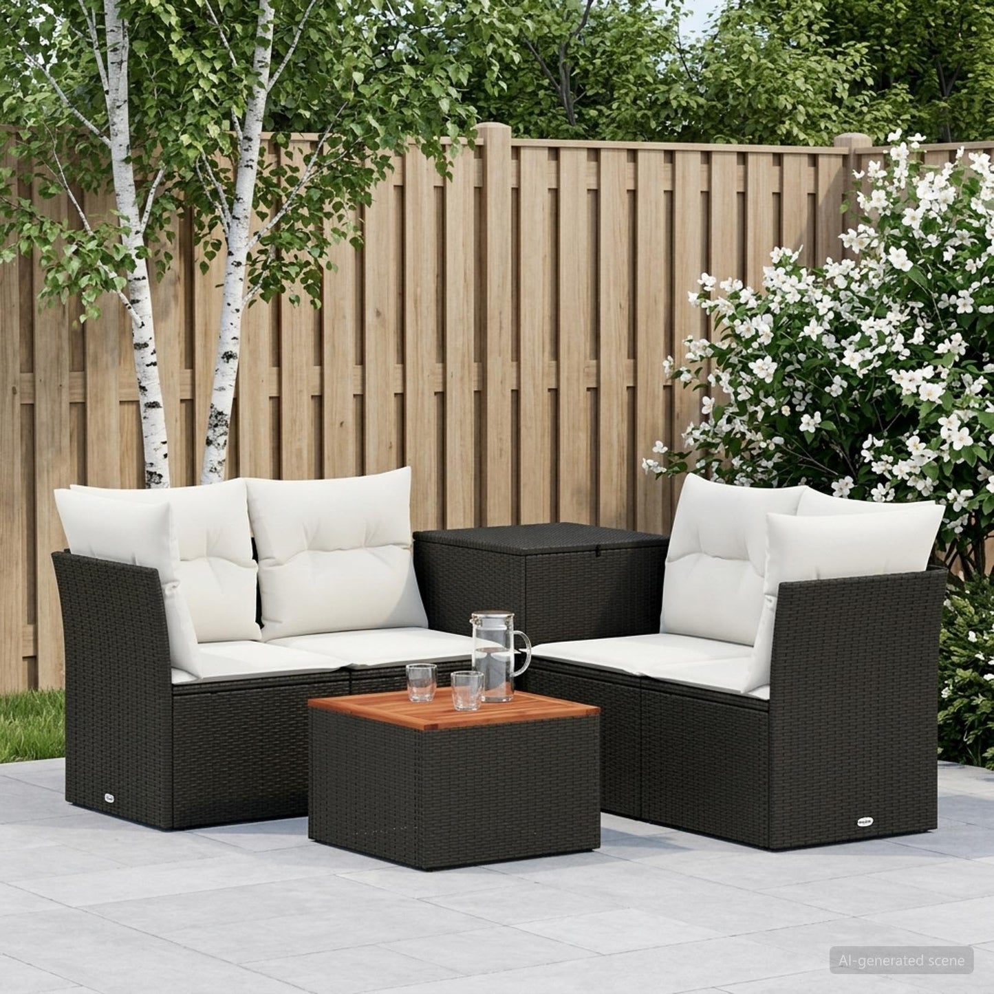 Sofa Set 6 stk. Schwarz und Cremeweiß Polyrattan und Stahl