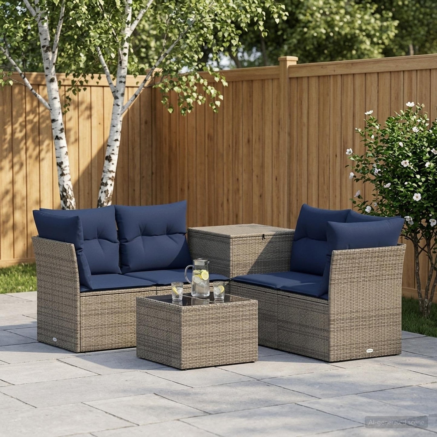 Sofa Set 6 stk. Grau und Marineblau Polyrattan und Stahl