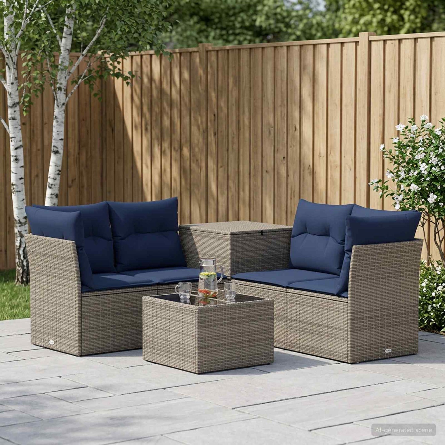 Sofa Set 6 stk. Grau und Marineblau Polyrattan und Stahl