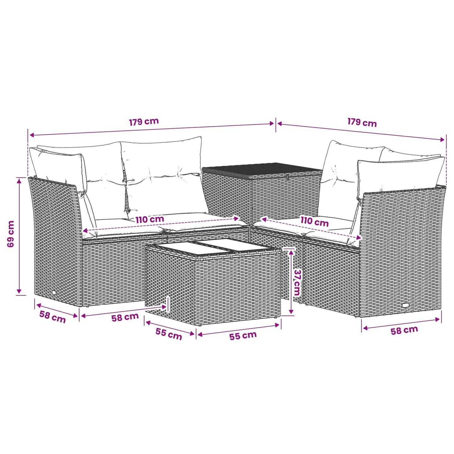 Sofa Set 6 stk. Grau und Marineblau Polyrattan und Stahl