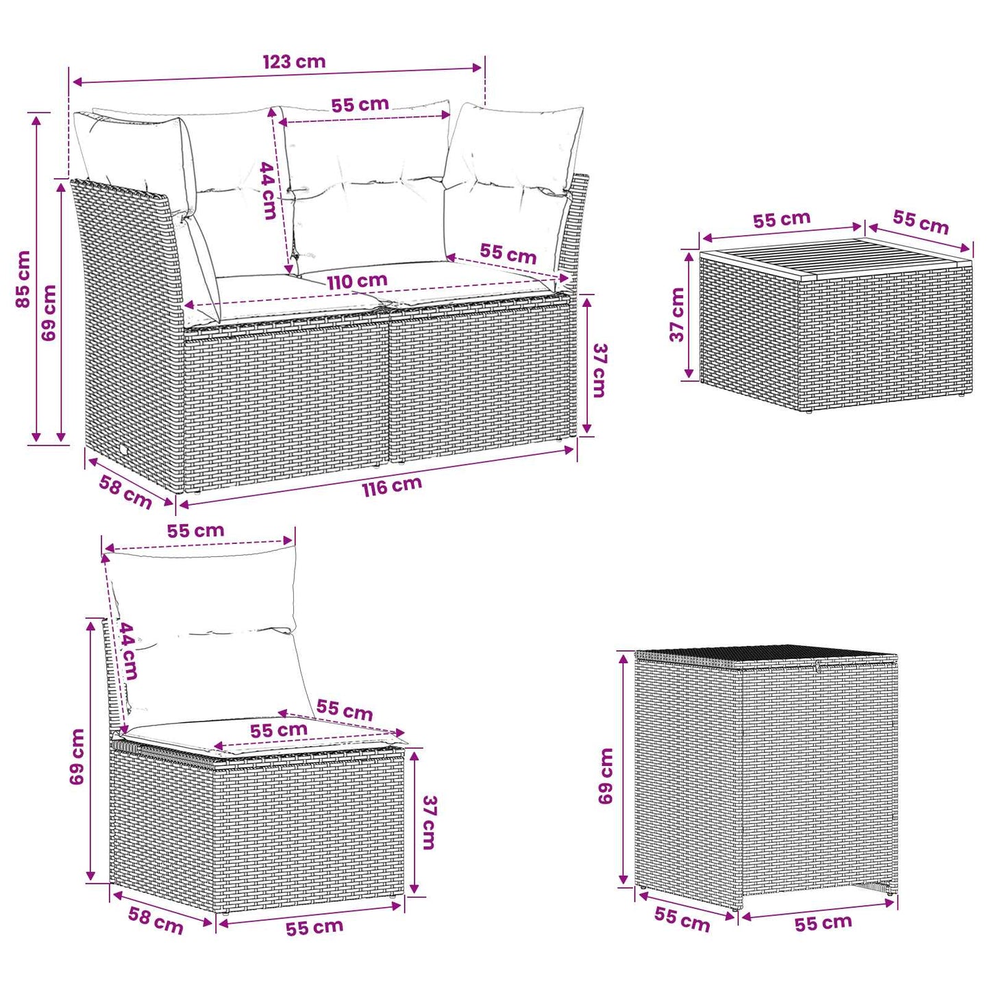 Sofa Set 6 stk. Grau und Dunkelgrau Polyrattan und Stahl