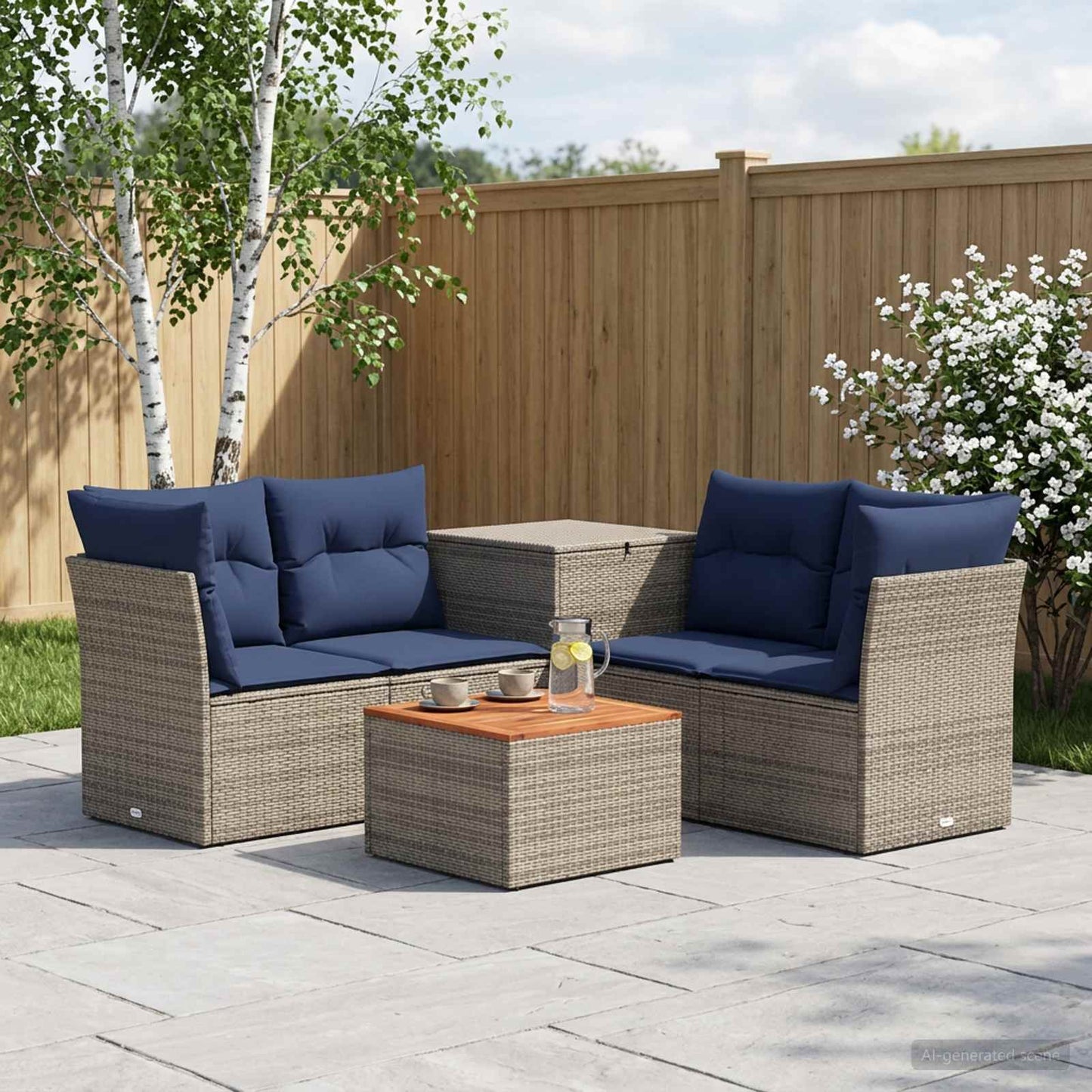Sofa Set 6 stk. Grau und Marineblau Polyrattan und Stahl