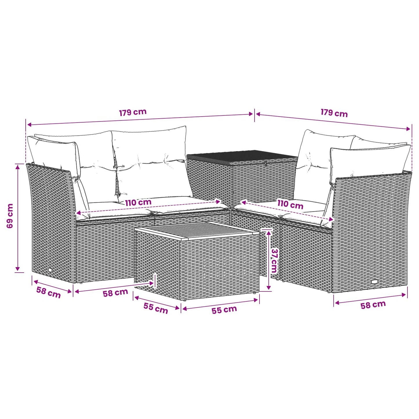 Sofa Set 6 stk. Grau und Dunkelgrau Polyrattan und Stahl