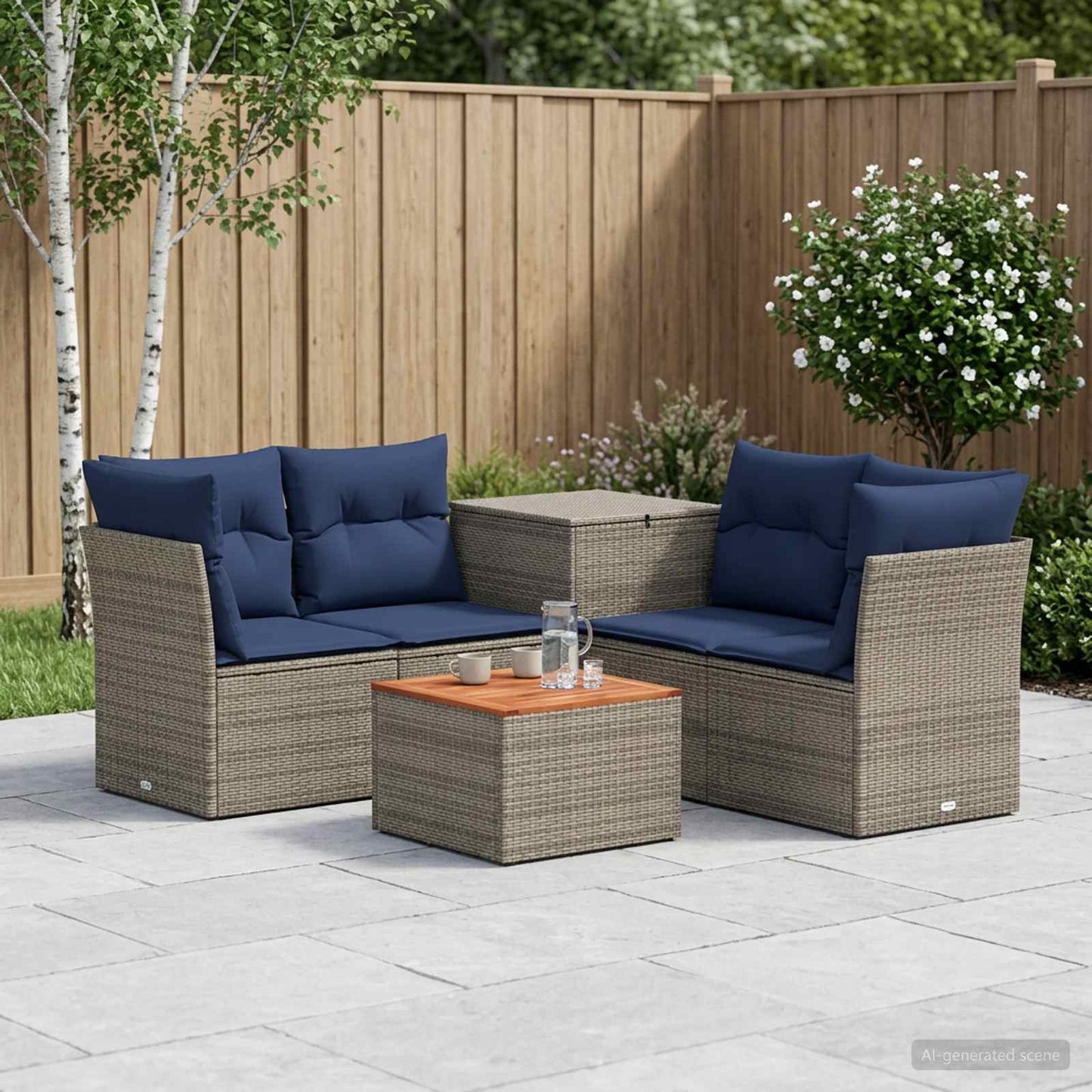 Sofa Set 6 stk. Grau und Marineblau Polyrattan und Stahl