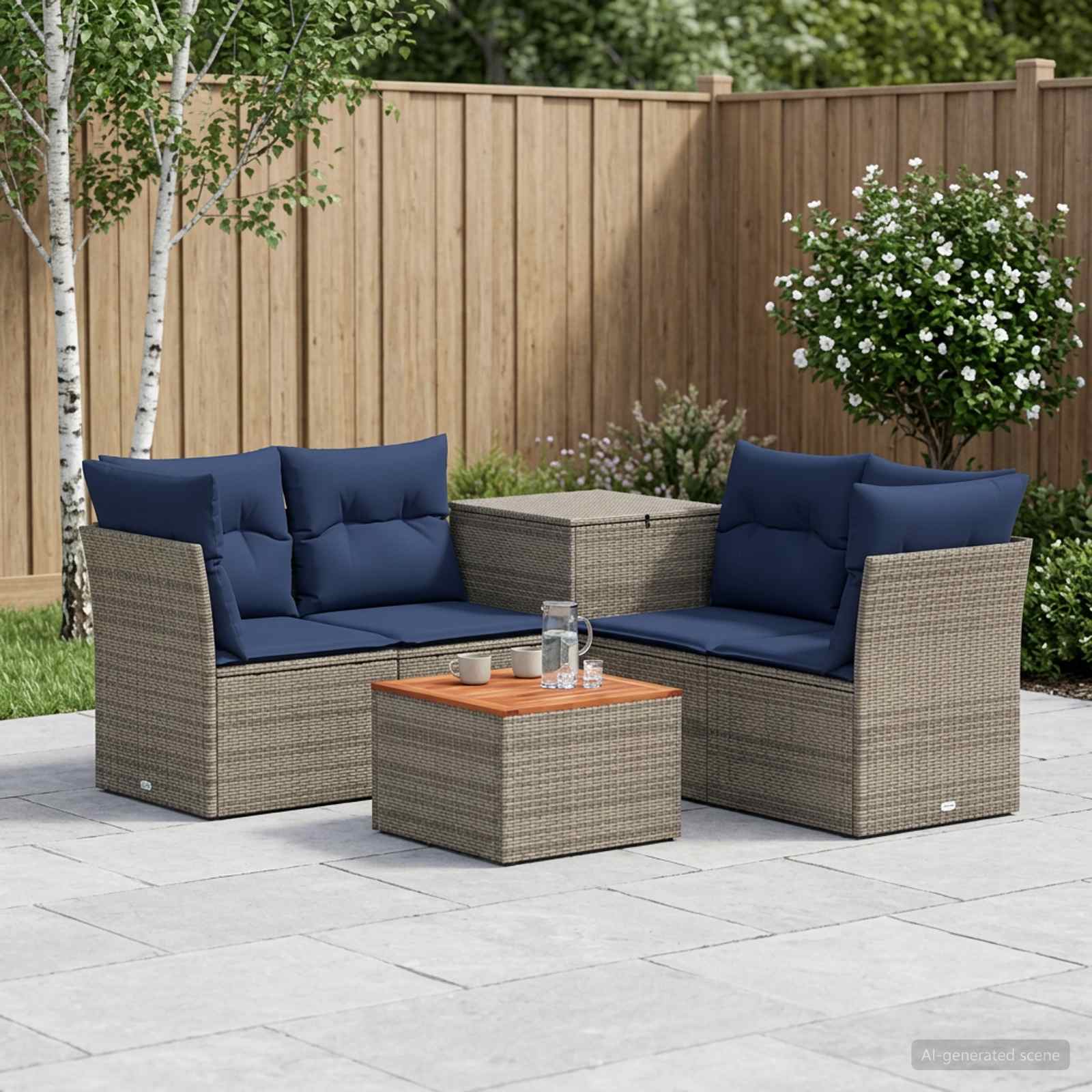 Sofa Set 6 stk. Grau und Marineblau Polyrattan und Stahl