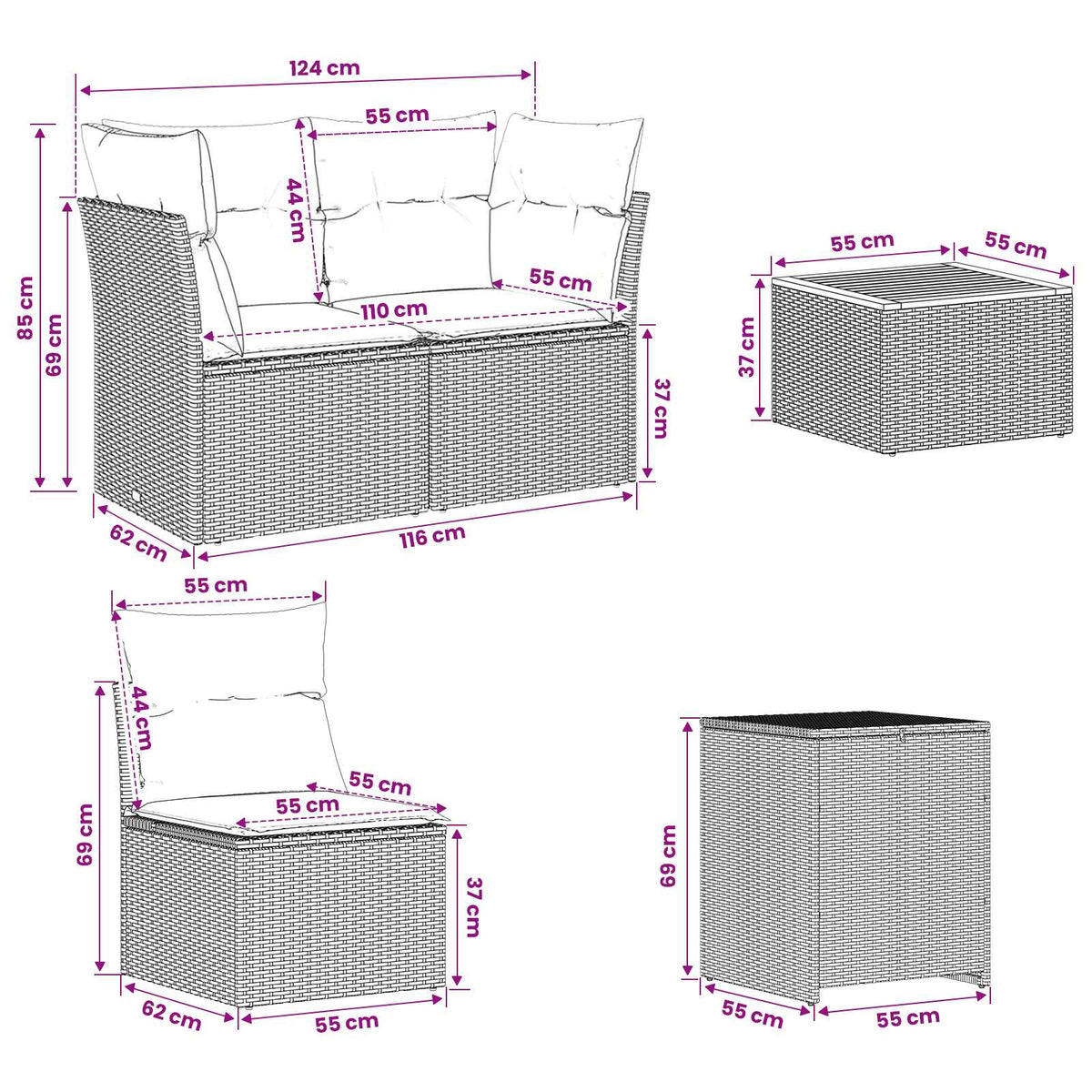 Sofa Set 6 stk. Grau und Marineblau 55 x 55 x 37 cm