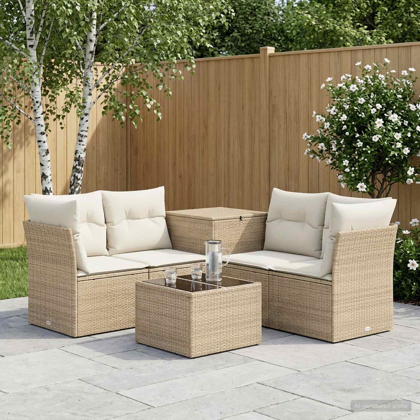 Sofa Set 6 stk. Beige und Cremeweiß Polyrattan und Stahl