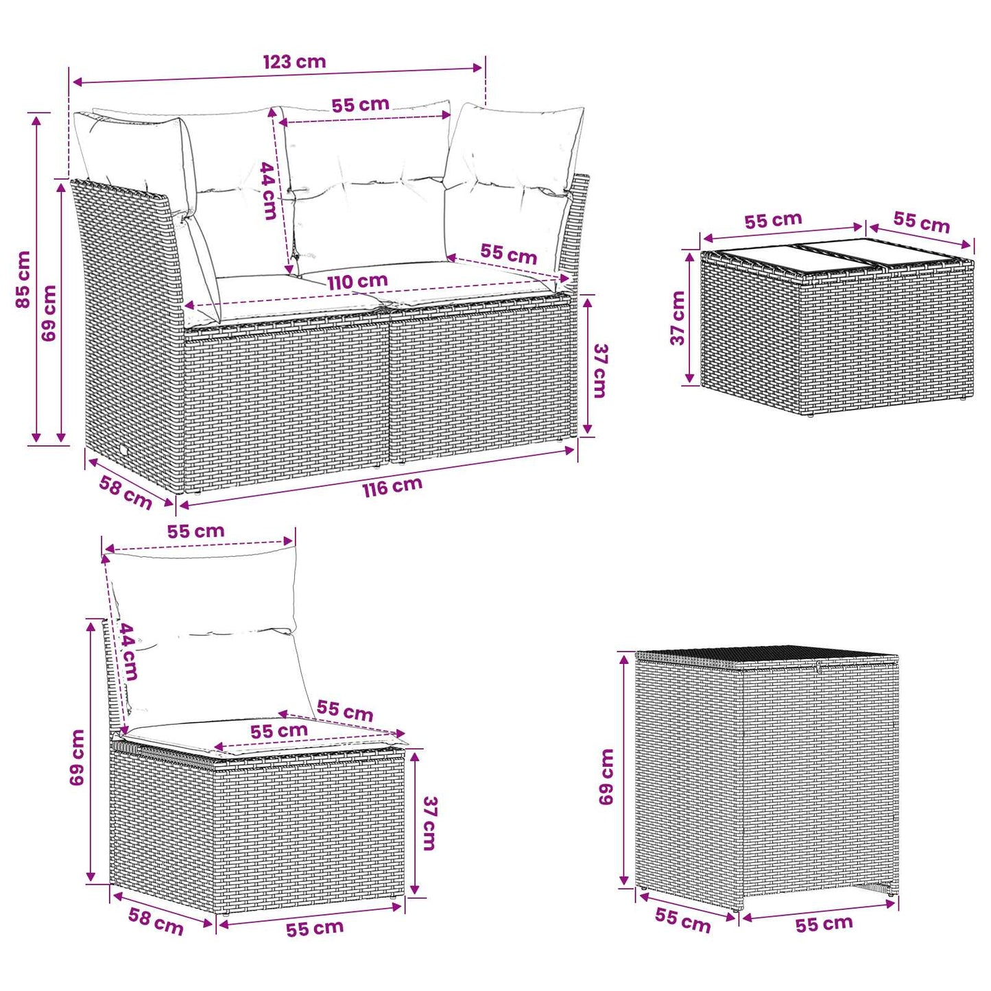 Sofa Set 6 stk. Beige und Cremeweiß Polyrattan und Stahl