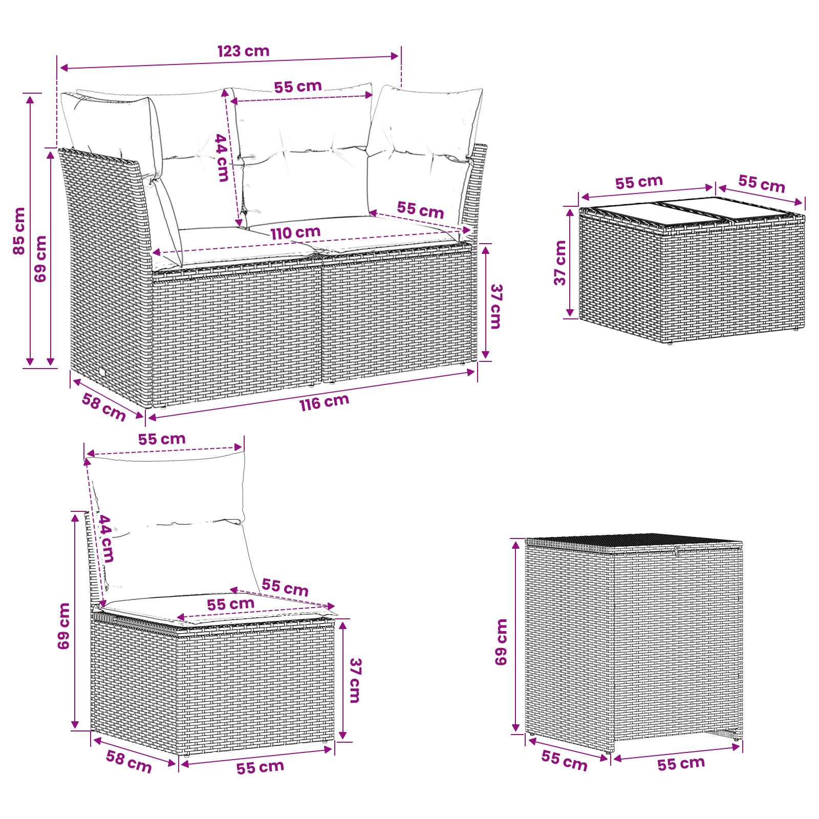Sofa Set 6 stk. Beige und Cremeweiß Polyrattan und Stahl