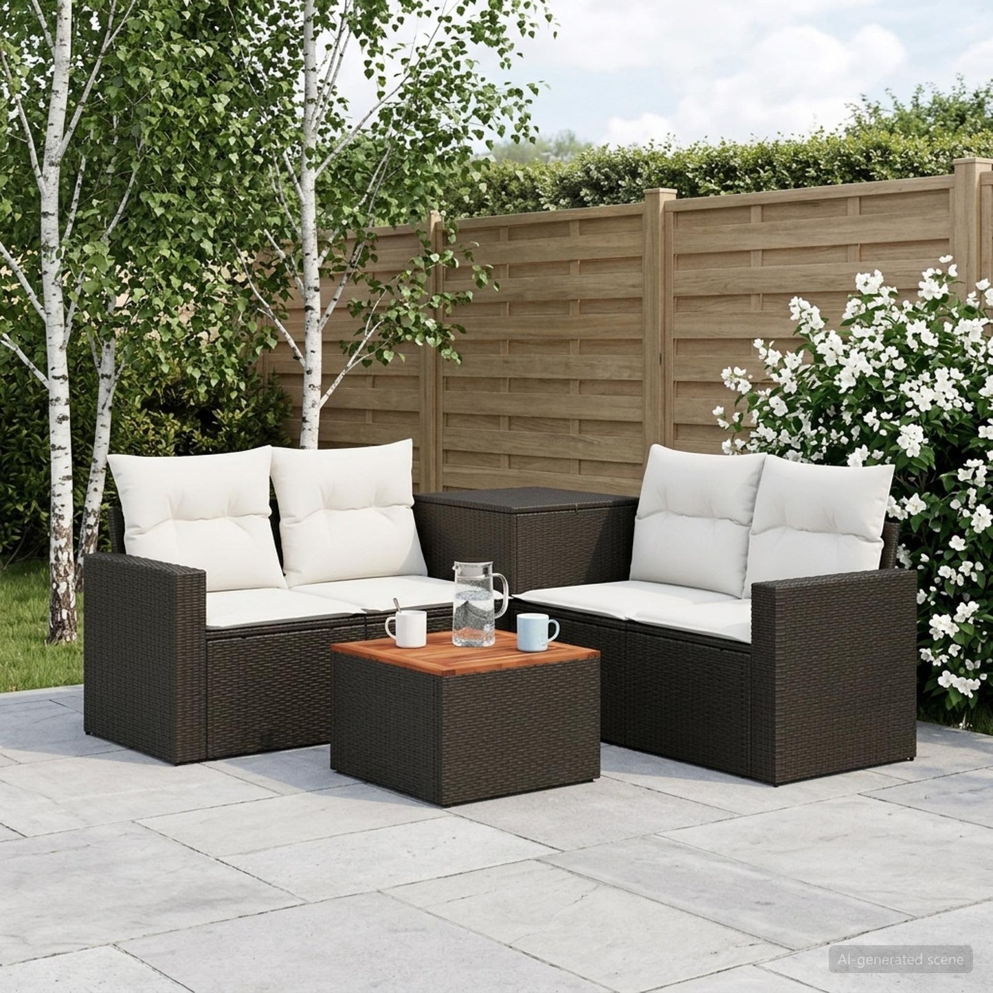 Sofa Set 6 stk. Schwarz und Cremeweiß Polyrattan und Stahl