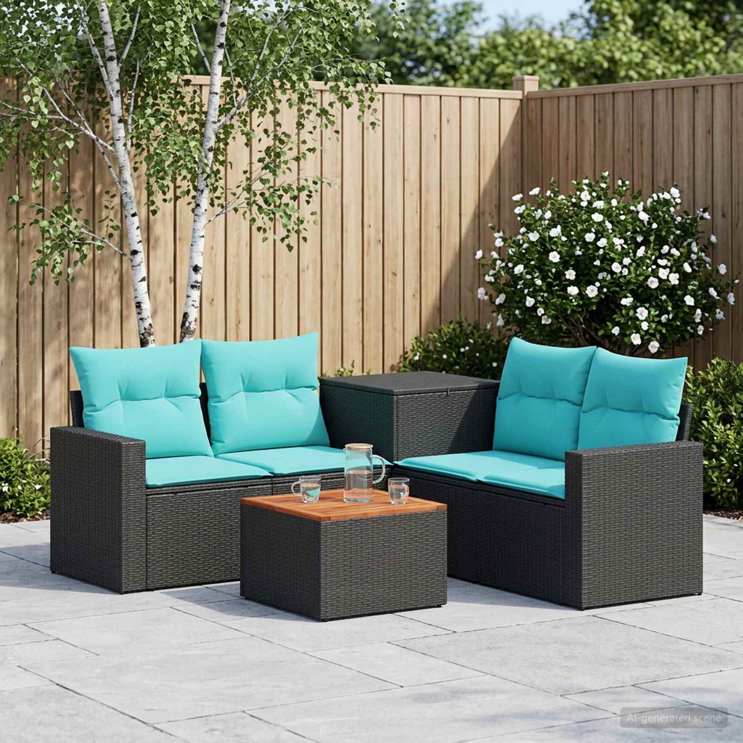 Sofa Set 6 stk. Schwarz und Blau Polyrattan und Stahl