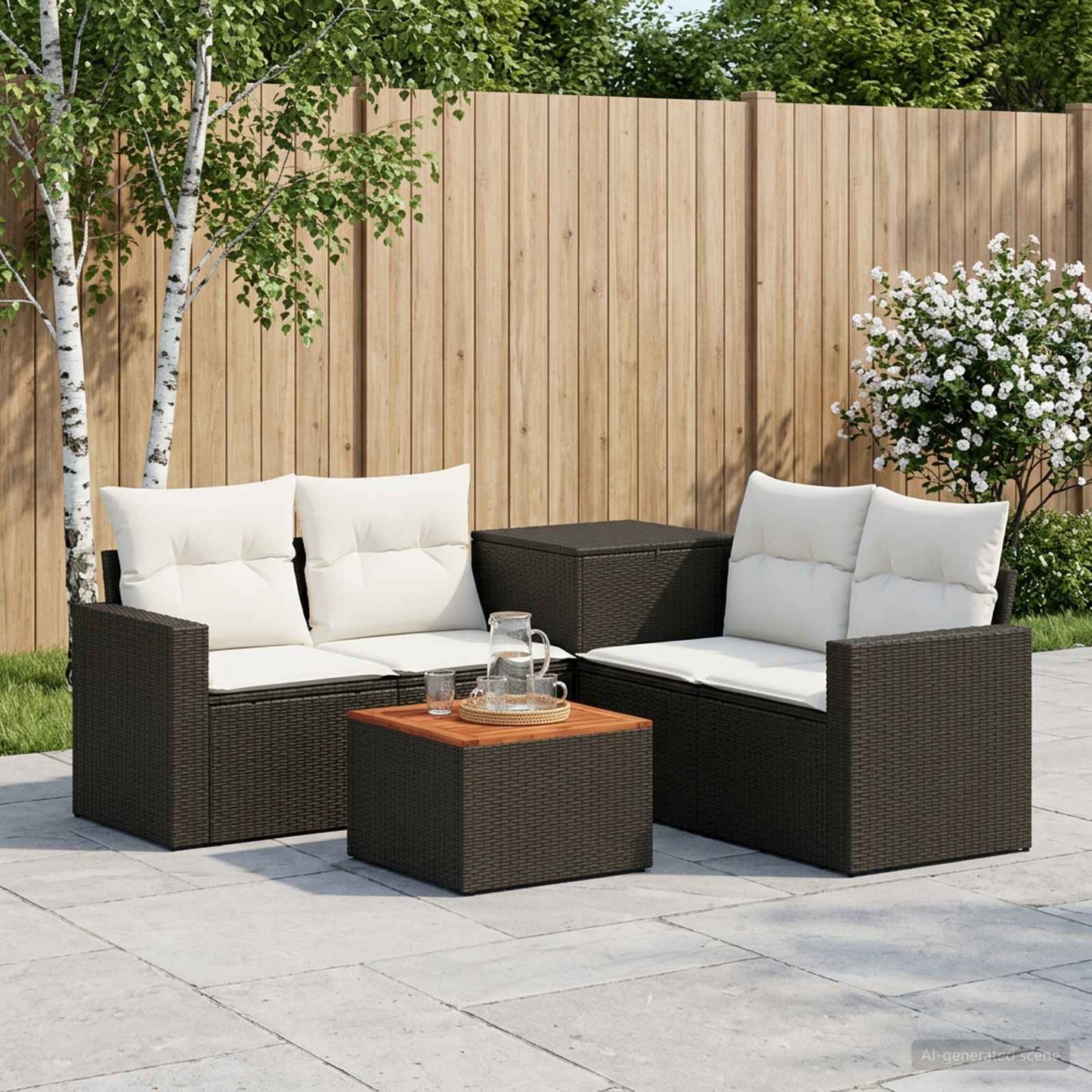 Sofa Set 6 stk. Schwarz und Cremeweiß Polyrattan und Stahl
