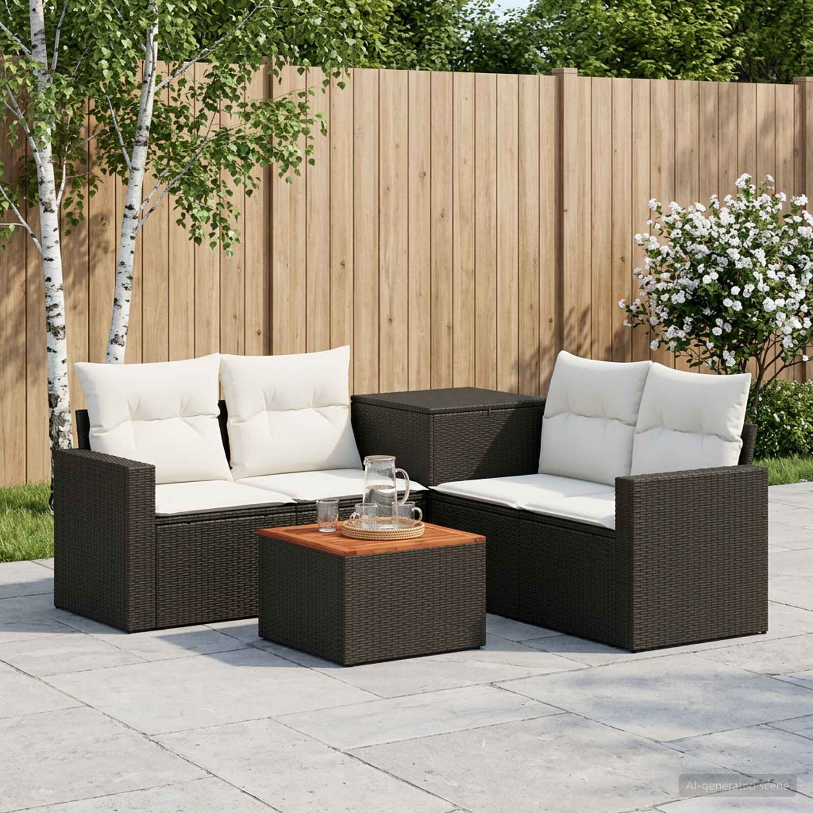 Sofa Set 6 stk. Schwarz und Cremeweiß Polyrattan und Stahl
