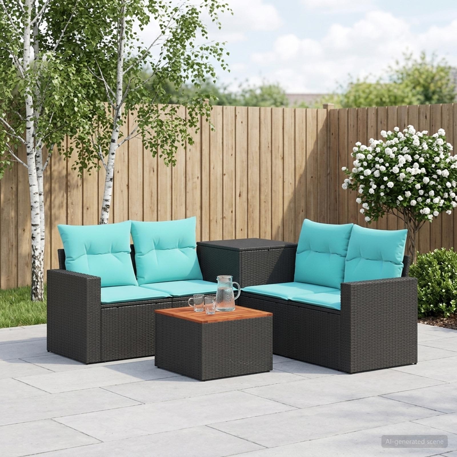Sofa Set 6 stk. Schwarz und Blau Polyrattan und Stahl
