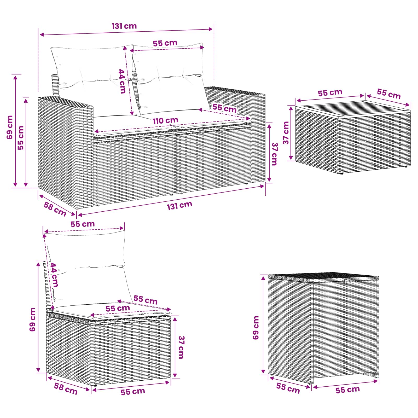 Sofa Set 6 stk. Schwarz und Blau Polyrattan und Stahl