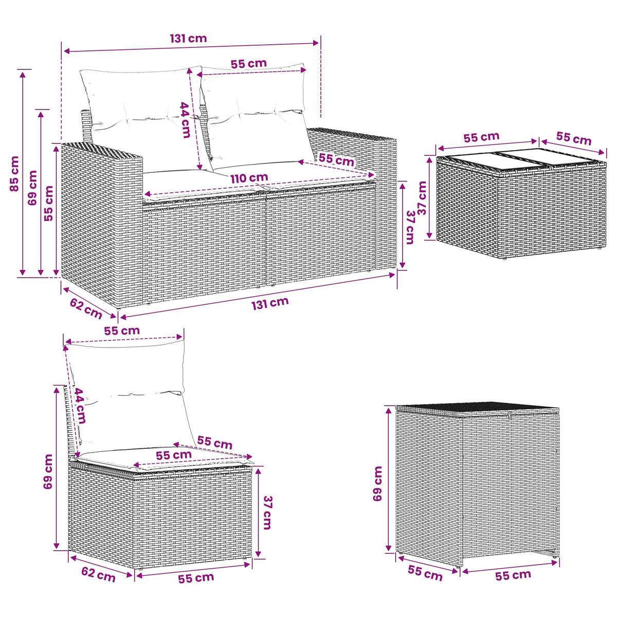 Sofa Set 6 stk. Grau und Dunkelgrau 55 x 55 x 37 cm