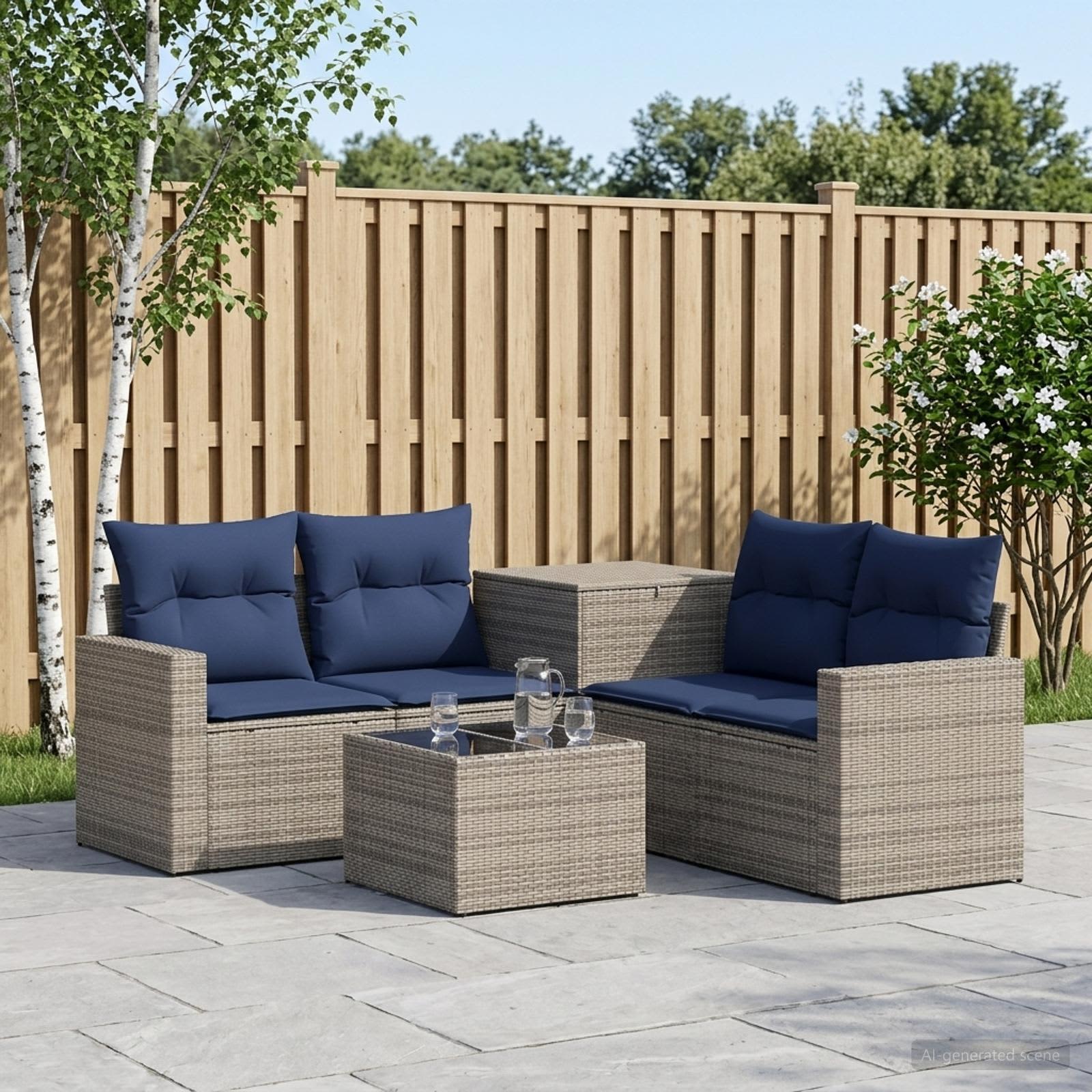 Sofa Set 6 stk. Grau und Marineblau Polyrattan und Stahl