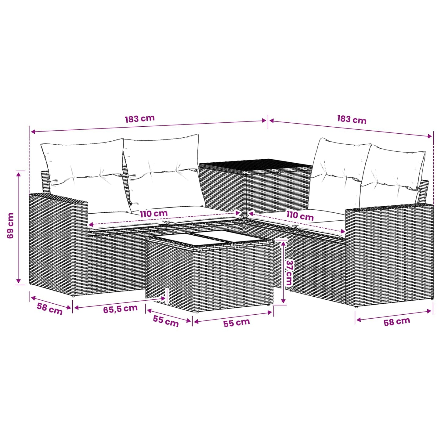 Sofa Set 6 stk. Grau und Marineblau Polyrattan und Stahl