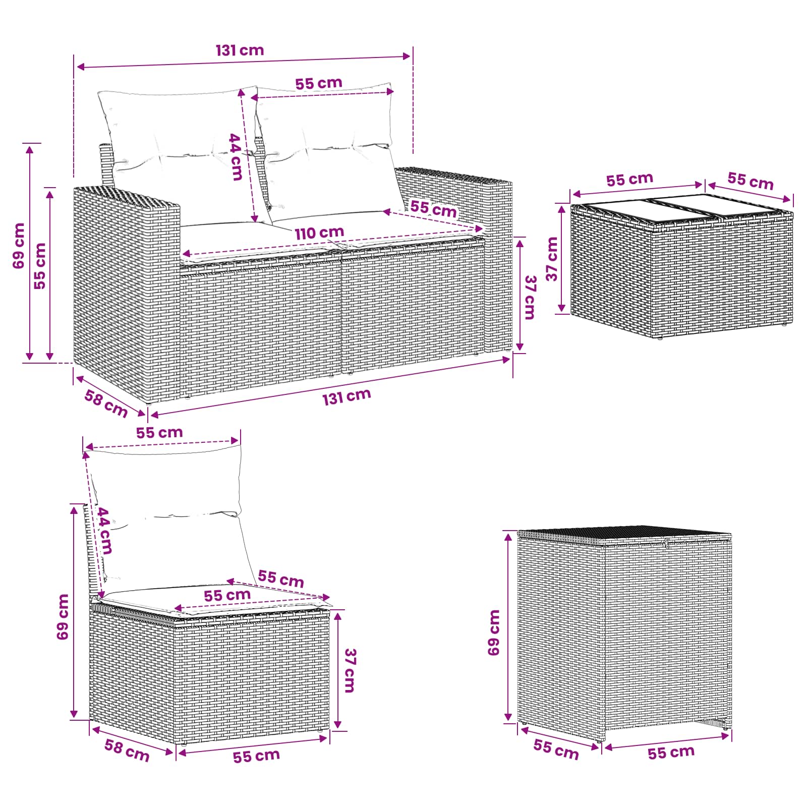 Sofa Set 6 stk. Grau und Marineblau Polyrattan und Stahl