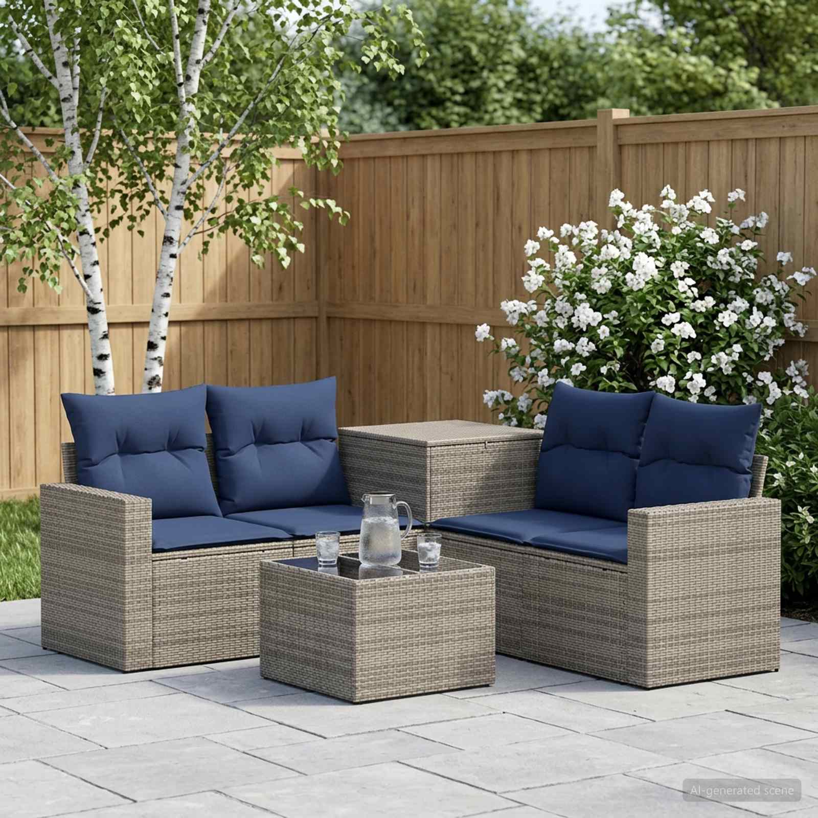 Sofa Set 6 stk. Grau und Marineblau Polyrattan und Stahl