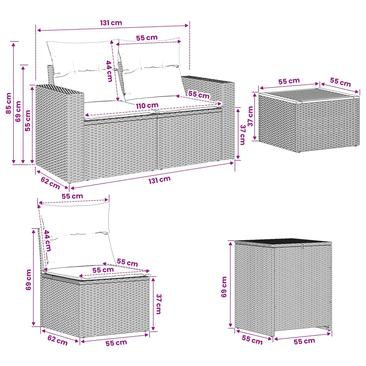 Sofa Set 6 stk. Grau und Dunkelgrau 55 x 55 x 37 cm