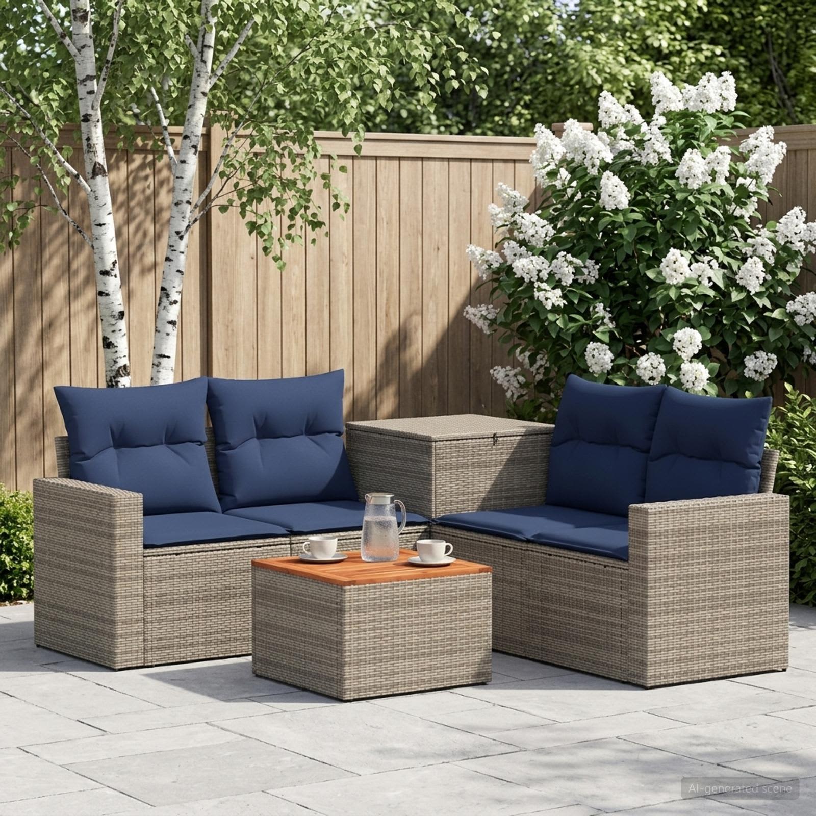 Sofa Set 6 stk. Grau und Marineblau Polyrattan und Stahl