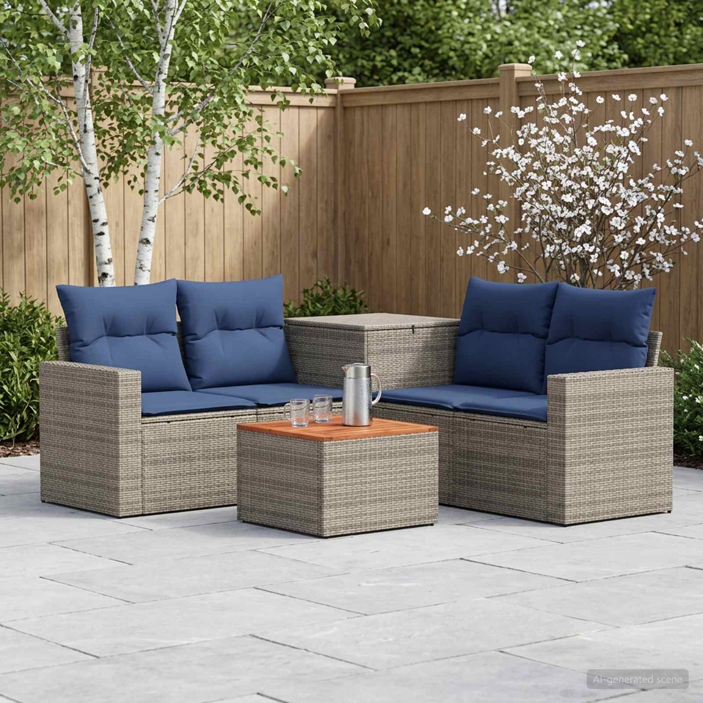 Sofa Set 6 stk. Grau und Marineblau Polyrattan und Stahl