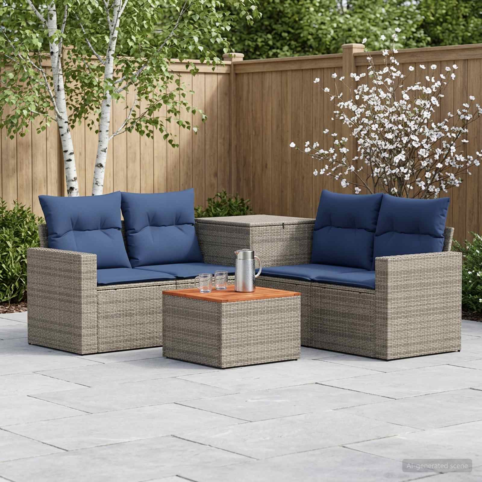 Sofa Set 6 stk. Grau und Marineblau Polyrattan und Stahl